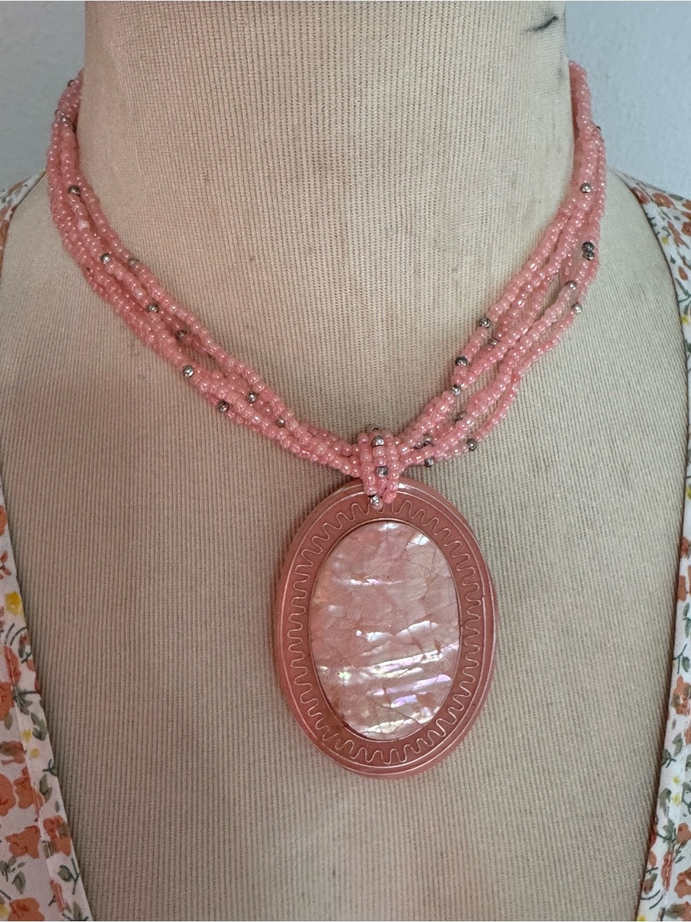 Pink Beaded Multi-Strand Necklace with Pink Oval Pendant